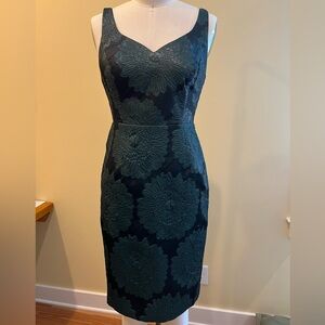 Floral black and green party dress with black lace fabric overlap at back